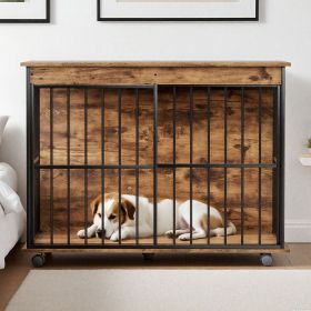 Dog Crate Furniture , Large Dog Cage Furniture with Tray for Medium Large Dogs, Wooden Dog Kennel Furniture (Main Material: MDF+Iron, Main Color: Walnut+black)