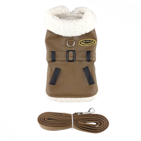 Brown and Black Faux Leather Bomber Dog Coat Harness and Leash (size: 2X-Large)